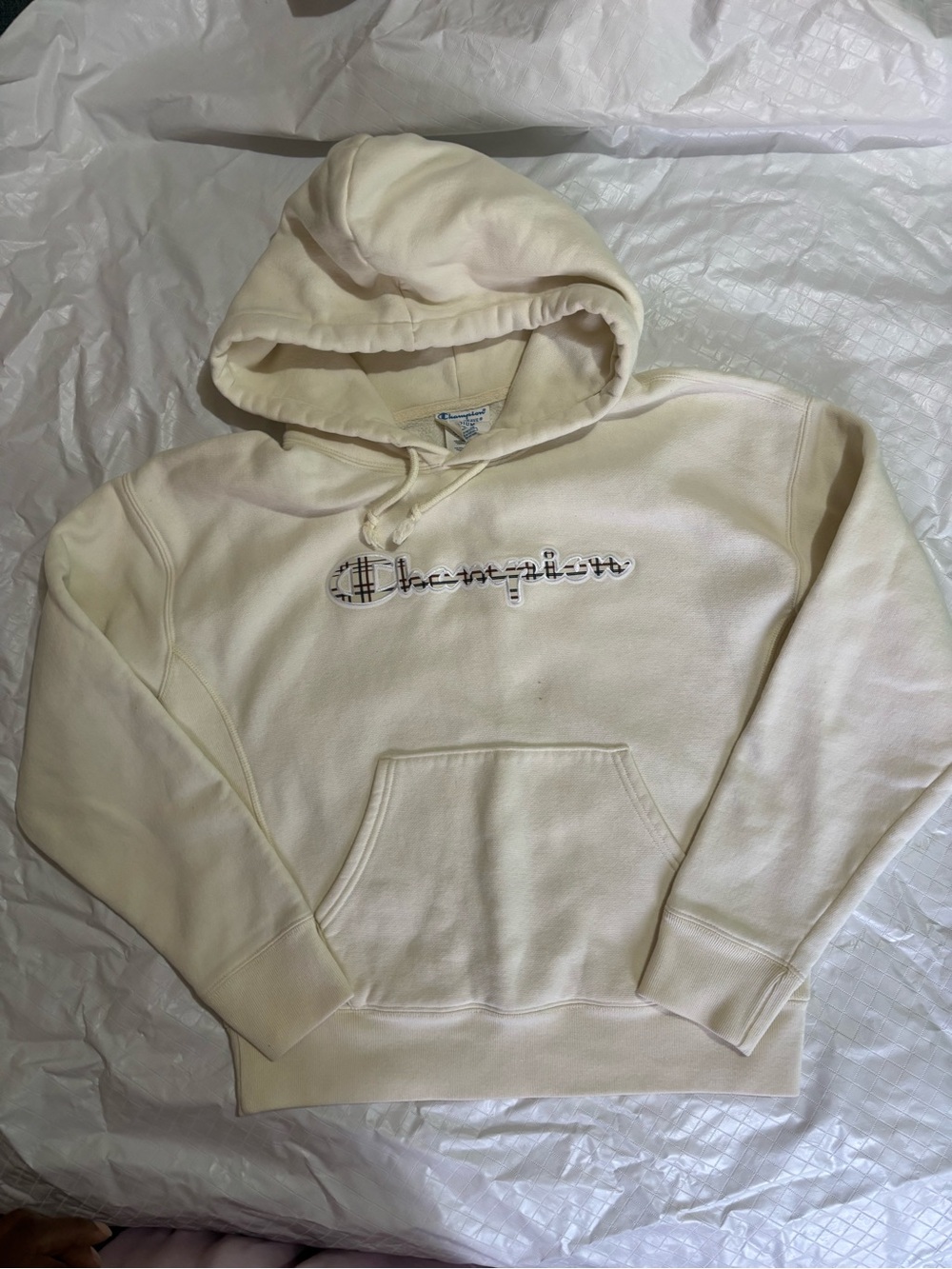 Champion Cream Crewneck Hoodie with Logo Stitching size medium. READ DESCRIPTION